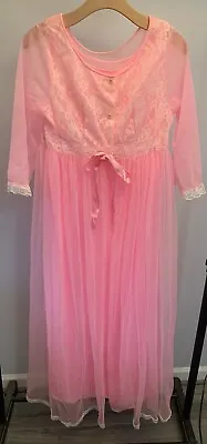 Vintage NYLON Peignoir Robe Nightgown Set L Soft Silky Pinup Mod Lace Pink 36 • $59.99