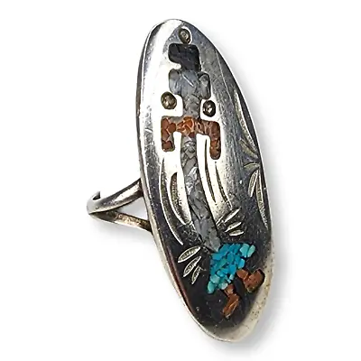 Vintage Sterling Silver Turquoise Coral MOP Chip Inlay Rainbow Man Kachina Ring • $164.99
