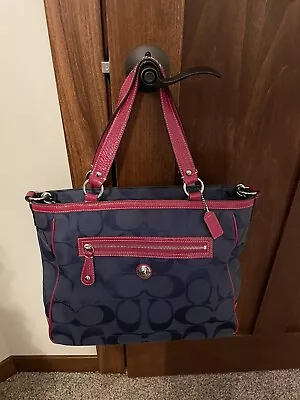 Coach F14941 Laura Signature Jacquard Blue Pink Trim Tote Handbag • $20