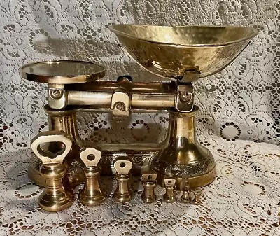 English Rare Vintage Ornate All Brass Kitchen Scales 7 Brass Bell Weights • $399