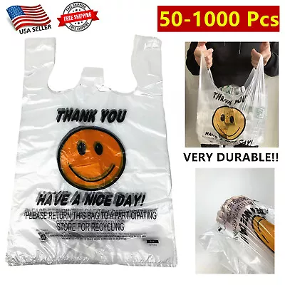 Heavy Duty Smiley T-Shirt Bag Thank You Plastic Carry Out Bags 11.5 X 6 X 17.5  • $13.99