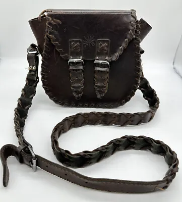 Vintage Brown Leather Satchel Purse Bag Boho Stitch Crossbody Western Copernico • $33.99
