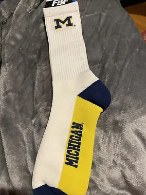 Michigan White With Gold Bottom & Navy Heel & Toe Deuce Crew Socks 10-13 • $10