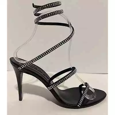 Mario Bologna Black Sequin Sandal Ankle Wrap Vintage Shoes Size 6 Holiday Formal • $120