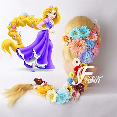 Tangled Rapunzel Disney Cosplay Wig Blonde Long Braid 120cm + Flowers • £47.90