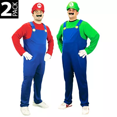 2 Pack Mens Super Mario Luigi Brothers Party Costume With Hat And Moustache • $62.95