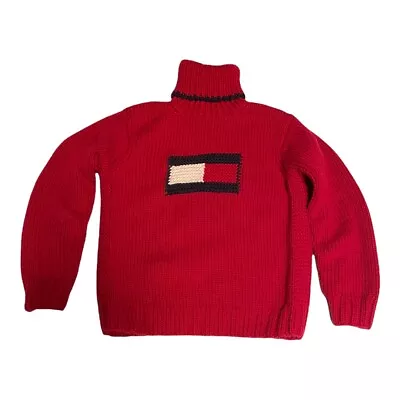 VTG Tommy Hilfiger Hand Knit Red Funnel Neck Sweater Adult Medium Big Flag Logo  • $58