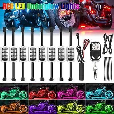 8 Pods Motorcycle RGB LED Lights Underglow LED Kit Remote Controller Multi-Color • $27.48