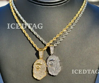 Hip Hop Iced Bling-ed Gold Plated Bape Pendant 24  Rope Chain Unisex Necklace • $12.99