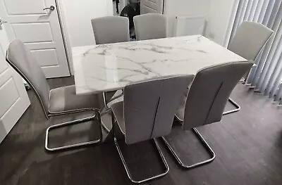 150 X 90cm White Marble Effect Kitchen/Dining Table & 6 Grey Fabric Chair Set • £100