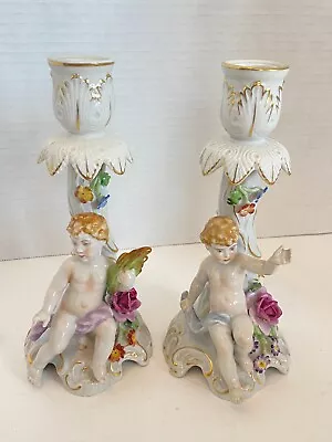 Vintage Schierholz Handmalerei Germany Porcelain Cherubs  Pair Candlesticks • $19.99