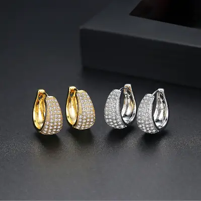 Women Girl Wide Band Gold Plated Micro Pave CZ Huggie Hoop Earrings A31 • $12.95