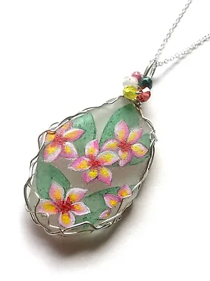 £14.95 • Buy Plumeria Flowers Necklace Hand Painted Sea Glass 18  Chain & Fire Polished Beads