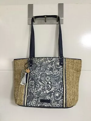 SAKROOTS Meadow Spirit Desert Straw Shopper Tote Purse Blue Bag Charms • $35