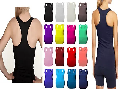  Ladies Womens Long Racer Back Bodycon Muscle Vest Top Gym Top Sizes 8-26 • £6.99