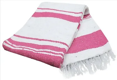 Del Mex Two Tone Striped Deluxe Mexican Beach Blanket  White /Pink • $22