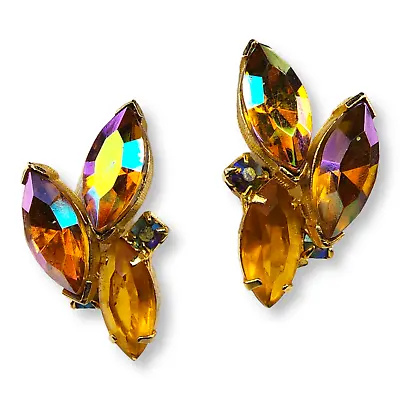 Vintage Gold Tone Orange Aurora Borealis Faceted Rhinestone Clip On Earrings • $39.99