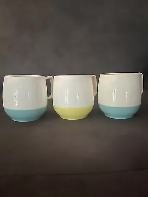 Vtg.  Bopp-Decker Plastics Vacron Set Of 3 Coffee Mugs Blue/White & Yellow/White • $20
