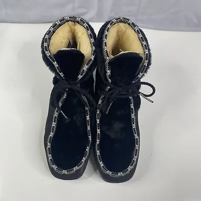 Vintage Quoddy Moccasins Boots Sherpa Leather Snow Black Women's Size 10 • £56.40