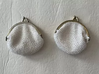 Lot Of 2 Vintage White Beaded Mini Coin Change Purse Silver Gold Kiss Lock 3”x3” • $24.99