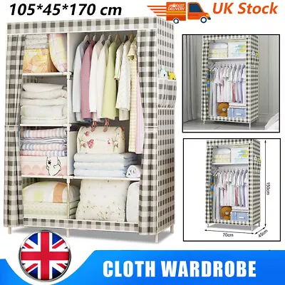 LOEFME Canvas Wardrobe Clothes Cupboard Hanging Rail Storage Shelving With Cover • £15.99