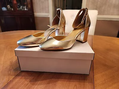 J.Crew ~  Metallic Block Heels ~ Gold ~ Size 7 ~ Model #BU518 ~ New W/ Box • $49.99