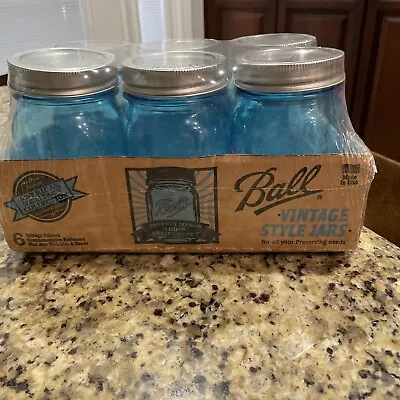 6 Vintage Style 100th Anniversary Blue Ball Pint Mason Jars Ltd NEW SEALED 2012 • $51