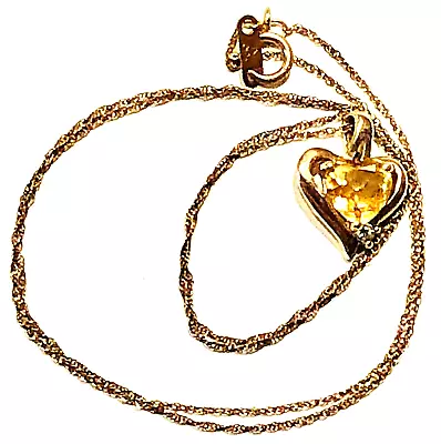 VINTAGE 10k Yellow Gold Heart Shape Citrine Pendant  10K 20  Chain 1.8g • $85.49