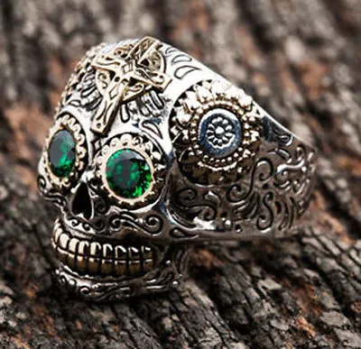 Emerald Sugar Skull Cross 925 Sterling Silver Ring Mexican New Steampunk Rock • $115