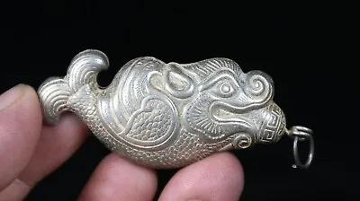 6.5CM Rare Old Chinese Miao Silver Feng Shui Dragon Fish Beast Lucky Pendant • $16.90