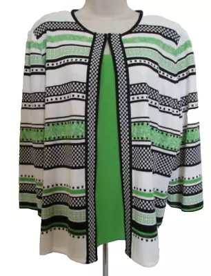 Ming Wang XL Black Green & White Open Front Career Cardigan With Green Tank Top • $101.99