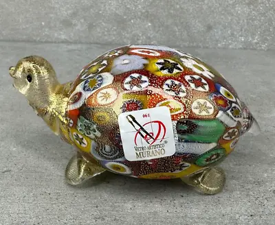 Murano Gold MILLEFIORI ART GLASS TURTLE Figure Venetian ITALY Orig Label Sticker • $160