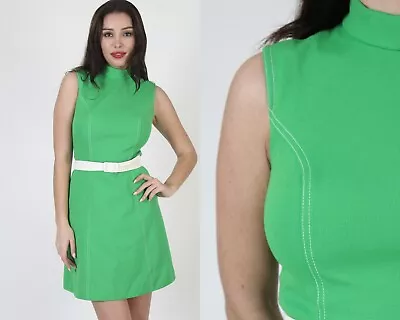 Vtgg 70s Go Go Green Plain Monochrome Unicolor Mod Scooter Micro Mini Dress • $49.40