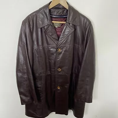 Vintage Sears Men 44 Plaid Tartan Lined Wine Burgundy Brown Leather Jacket 70s • $89