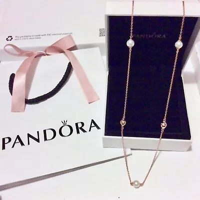 NEW Genuine Pandora Rose Gold Contemporary Pearl Necklace Chain In Gift Box • £99.50