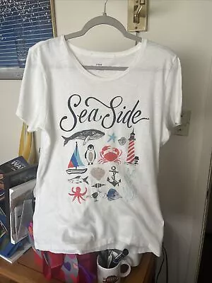 J. Crew Collector Tees SEA SIDE Nautical T-Shirt Sz L Whale/Crab/Shells/LHouse • $15