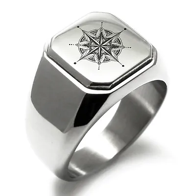 Stainless Steel Nautical Lotus Compass Mens Square Biker Style Signet Ring • $15