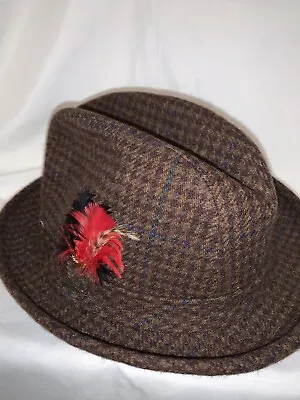 Vintage Brown STETSON FEDORA Hat Houndstooth Banded W/ Feather Sz 7 3/8 • $49.98