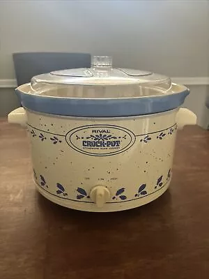 Vintage Rival Crock Pot Stoneware Cooker 5 Qts Model 3355 Blue /white Works • $39.99