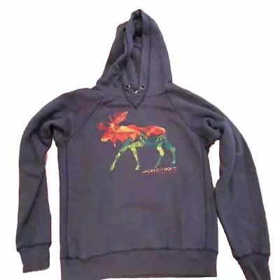 Mens Sweatshirt Hoodie Souvenir Jackson Hole Wyoming Moose Rainbow Large Blue • $16.75