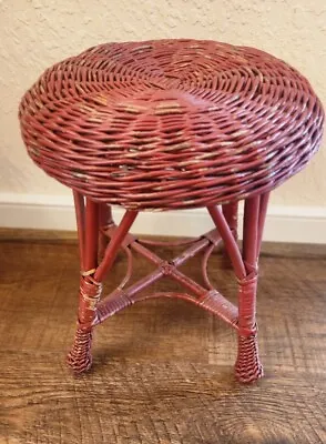 Vintage Weaved Rattan Wicker Footstool Stool Red Shabby Paint Farmhouse Decor • $79