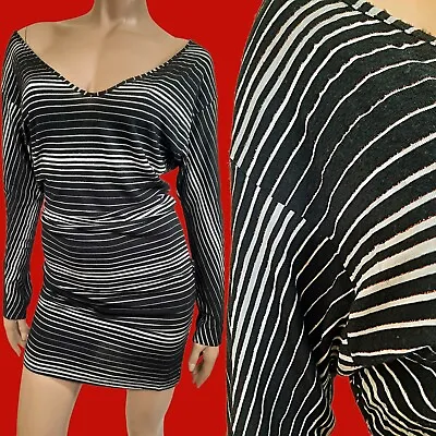 Y2K Miss Sixty Mini Dress Black White Striped Jersey V Neck Long Sleeve Size M • $29.44