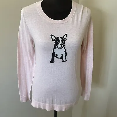 J Crew Medium Sweater French Bulldog Graphic Pink Crew Neck Factory Frenchie Dog • $21.99