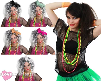 Ladies 1980s Costume Black Mesh Top Wig And 4 Pack Neon Beads Rave Fancy Dress • £19.99