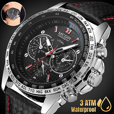 MEGIR Waterproof Men Military Quartz Stainless Steel Leather Analog Sports Watch • $14.48