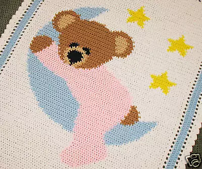 SLEEPY BEAR ON THE MOON Baby Afghan Graph Pattern *EASY • $6.95