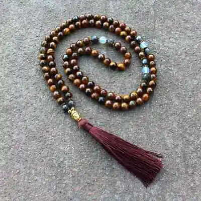 Natural Tiger's Eye 108 Mala Bead Prayer Chakra Tassel Healing Necklace Men Gift • $14.50