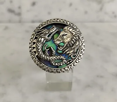 Bali Legacy Huge 3D Abalone Shell Mid Evil Dragon & Lion Ring 925 Silver Size 7 • $22