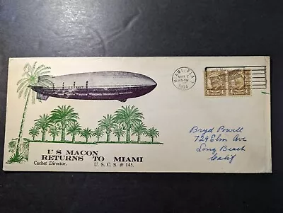 1934 USA Airmail Zeppelin US Macon Cover Miami FL To Long Beach CA • $315