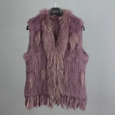 Fashion Lady Real Rabbit Classic Knitted Fur Vest Raccoon Collar Gilet Womens • $77.94